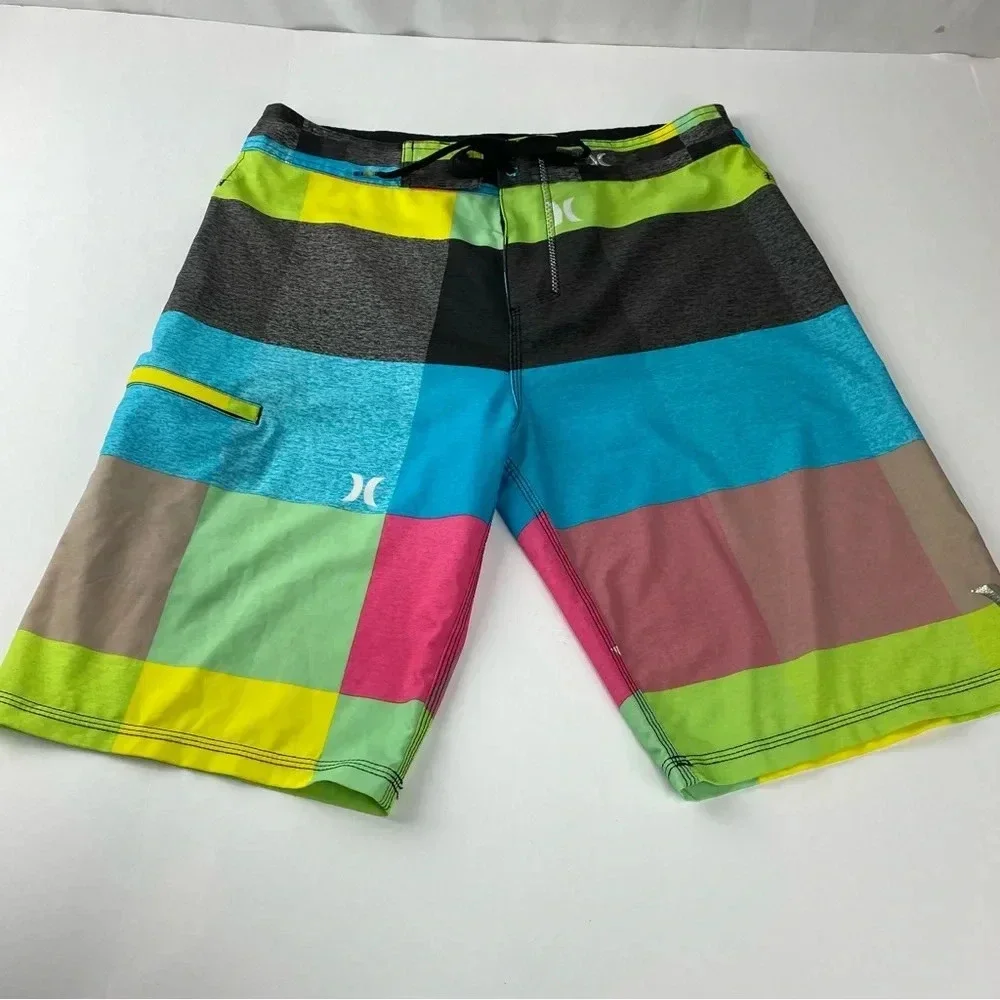 Hurley Phantom Mens 30 Board Shorts Trunks Teal Pink Green Drawstring Pockets